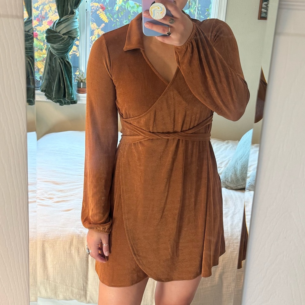 Bronze Shiny Shimmer Wrap Collar Holiday Dress
